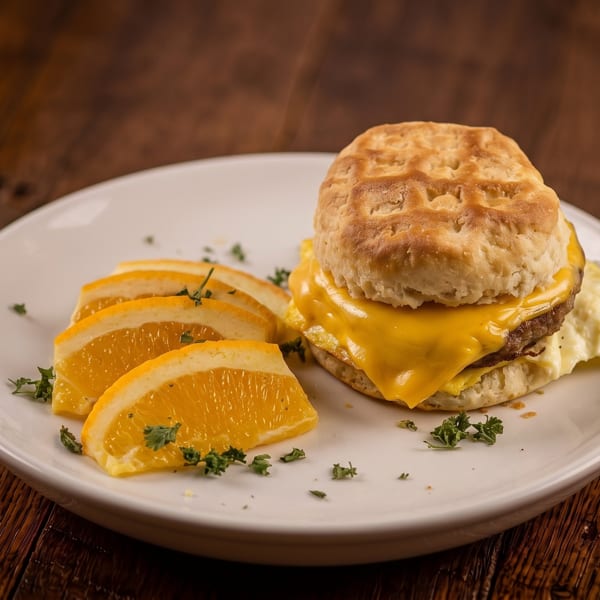Biscuit breakfast sandwich with melted cheese, a patty, orange slices, and parsley on a white plate.