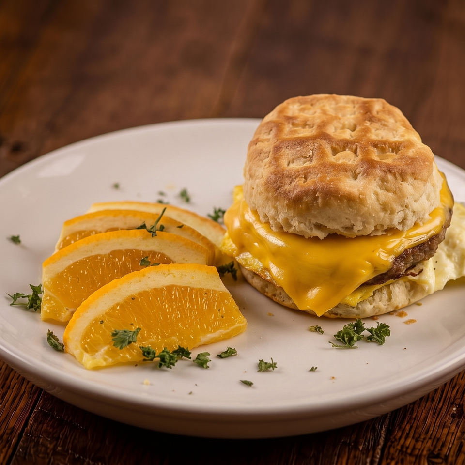 Biscuit breakfast sandwich with melted cheese, a patty, orange slices, and parsley on a white plate.