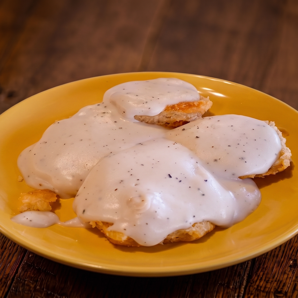 Fluffy biscuits covered in creamy white gravy with black pepper on a yellow plate.