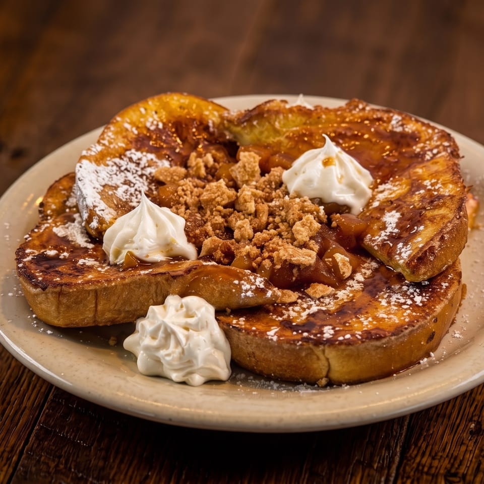 French toast with crumble, whipped cream, powdered sugar, and syrup on a white plate.