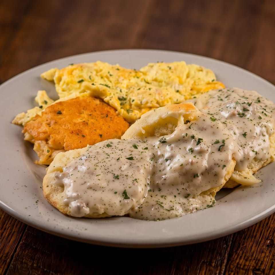 Hearty breakfast plate featuring biscuits and gravy, scrambled eggs, and a cheesy omelet.