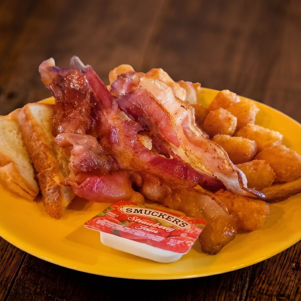 A breakfast plate with crispy bacon, golden tater tots, toast, and strawberry jam.