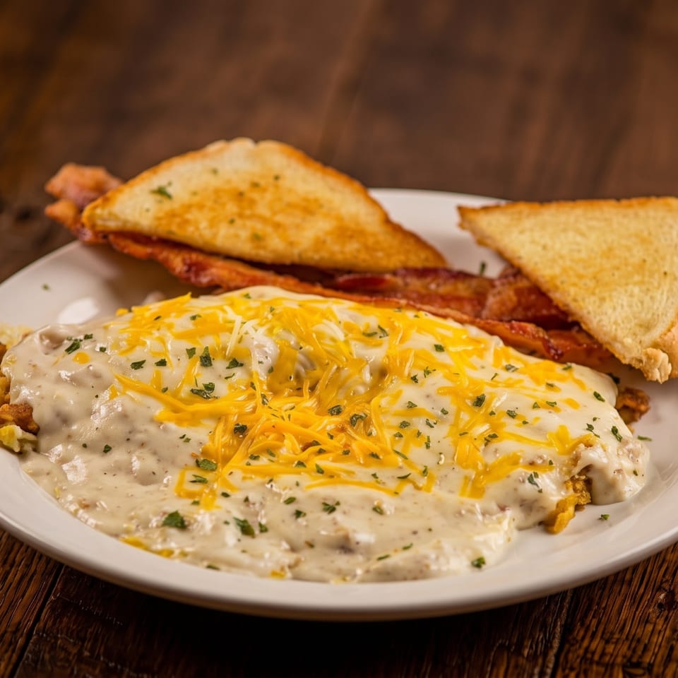 Breakfast plate with eggs and gravy topped with cheese, bacon, and toast on a wooden table.