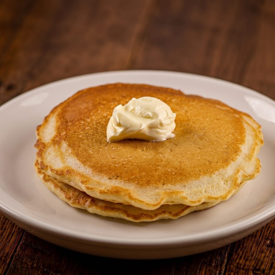 Stack of two golden pancakes with a dollop of butter on a white plate, on a wooden table.