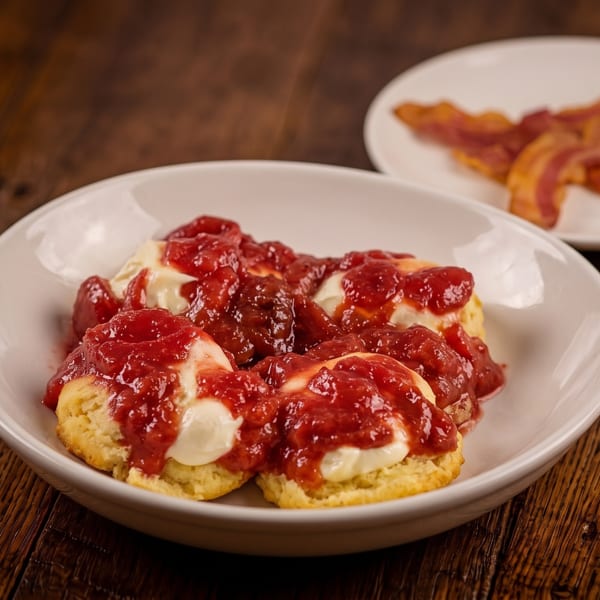 Fluffy biscuits topped with strawberry sauce and cream, with bacon in the background.