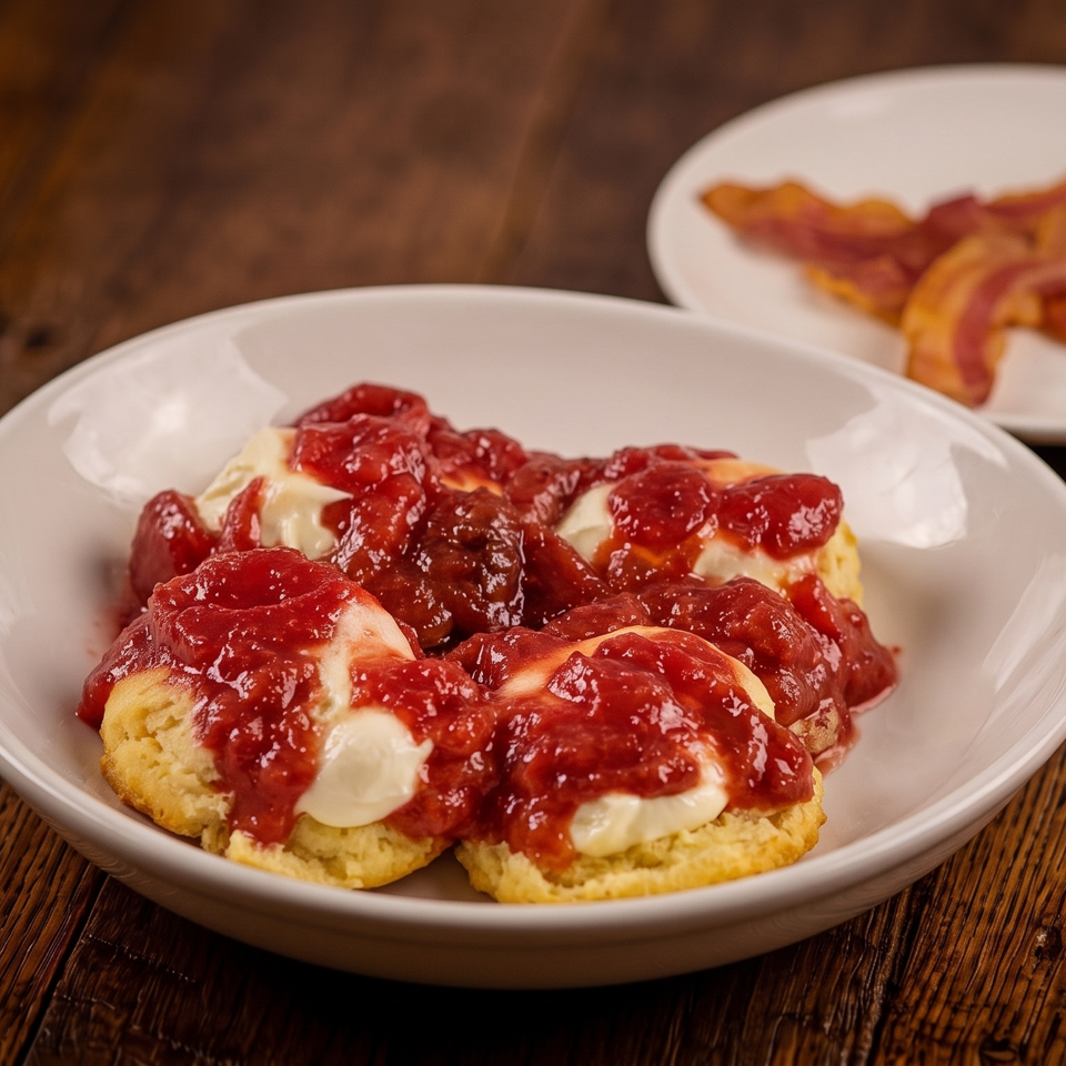 Fluffy biscuits topped with strawberry sauce and cream, with bacon in the background.