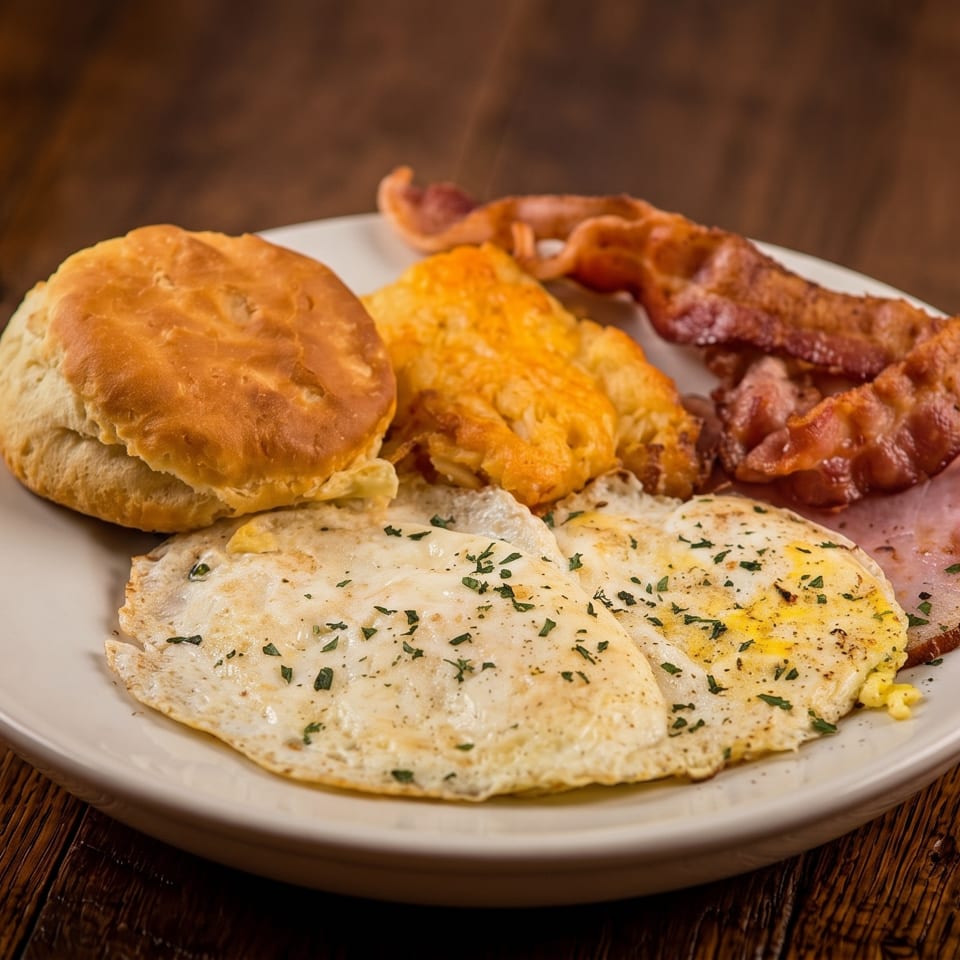 Hearty breakfast plate with fried eggs, biscuit, hash browns, bacon, and ham on a wooden table.