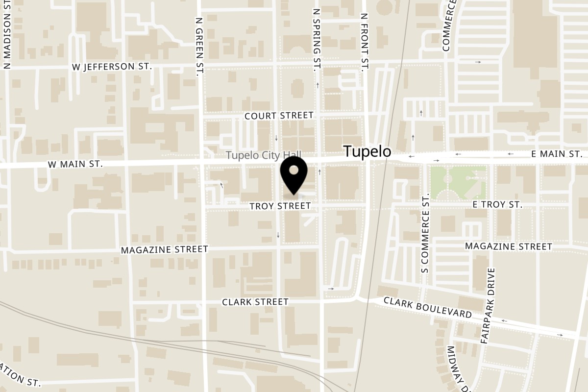 Map showing the location of D'Cracked Egg on 206 Troy St in Tupelo